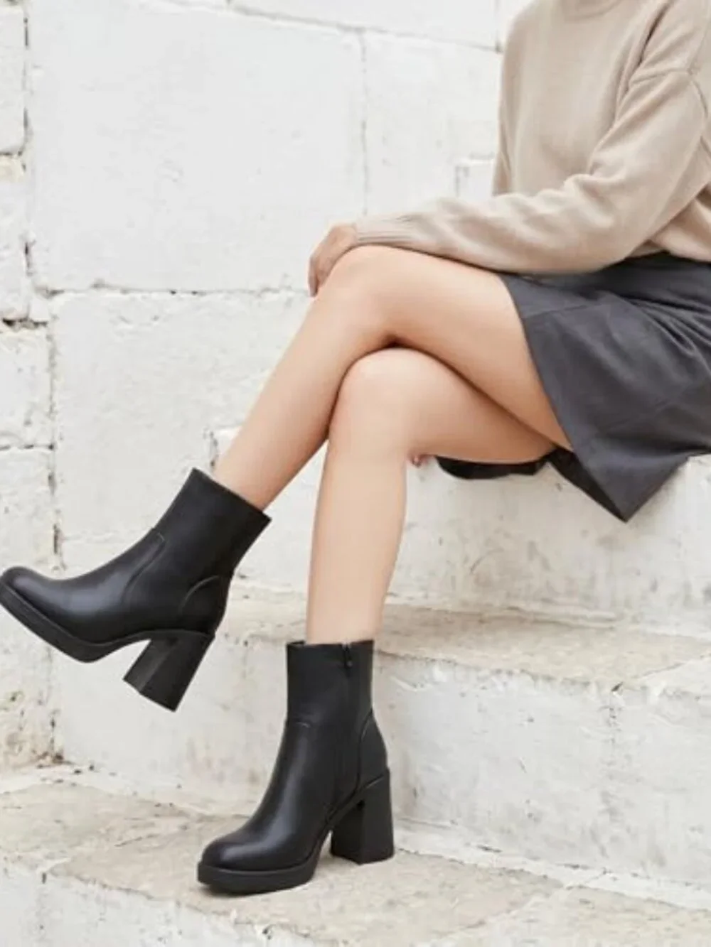 Platform Gogo Ankle Boots with Zipper Square Toe Chunky Block Heel